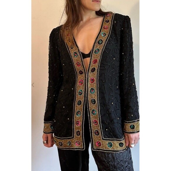 Laurence Kazar Jackets & Blazers - Vintage Laurence Kazar New York Beaded Jacket M Black & Gold With Multicolored